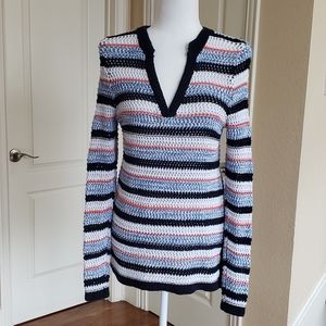 Tommy Hilfiger Womens Striped Knit Crochet V Neck Sweater Red White Blue Size M